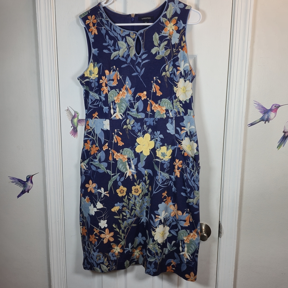 Lands' End Floral Pockets Sheath Dress 12 Navy Botanical Garden Party Modest